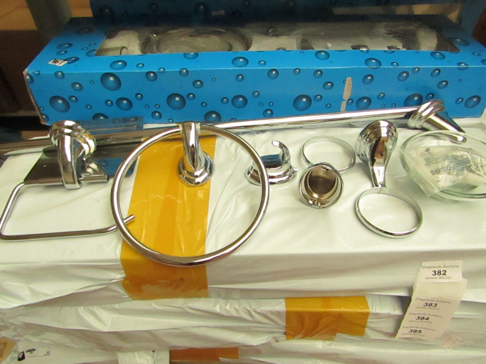 6 Piece Chrome & Glass Bathroom Accessories Set. Incl Toilet roll holder, towel rail, towel ring etc