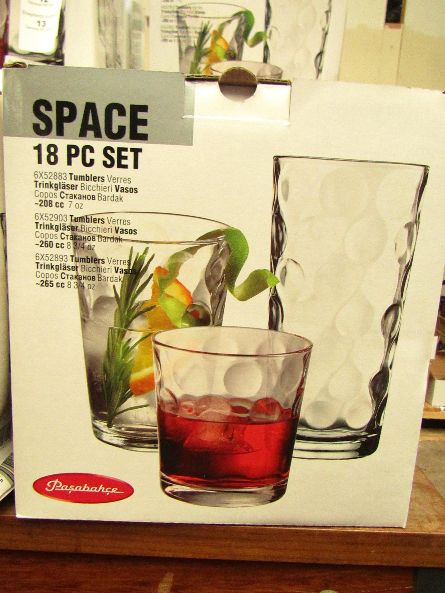 Pasabahce - Space 18 PC Glass Cup Set - Unchecked and Boxed.