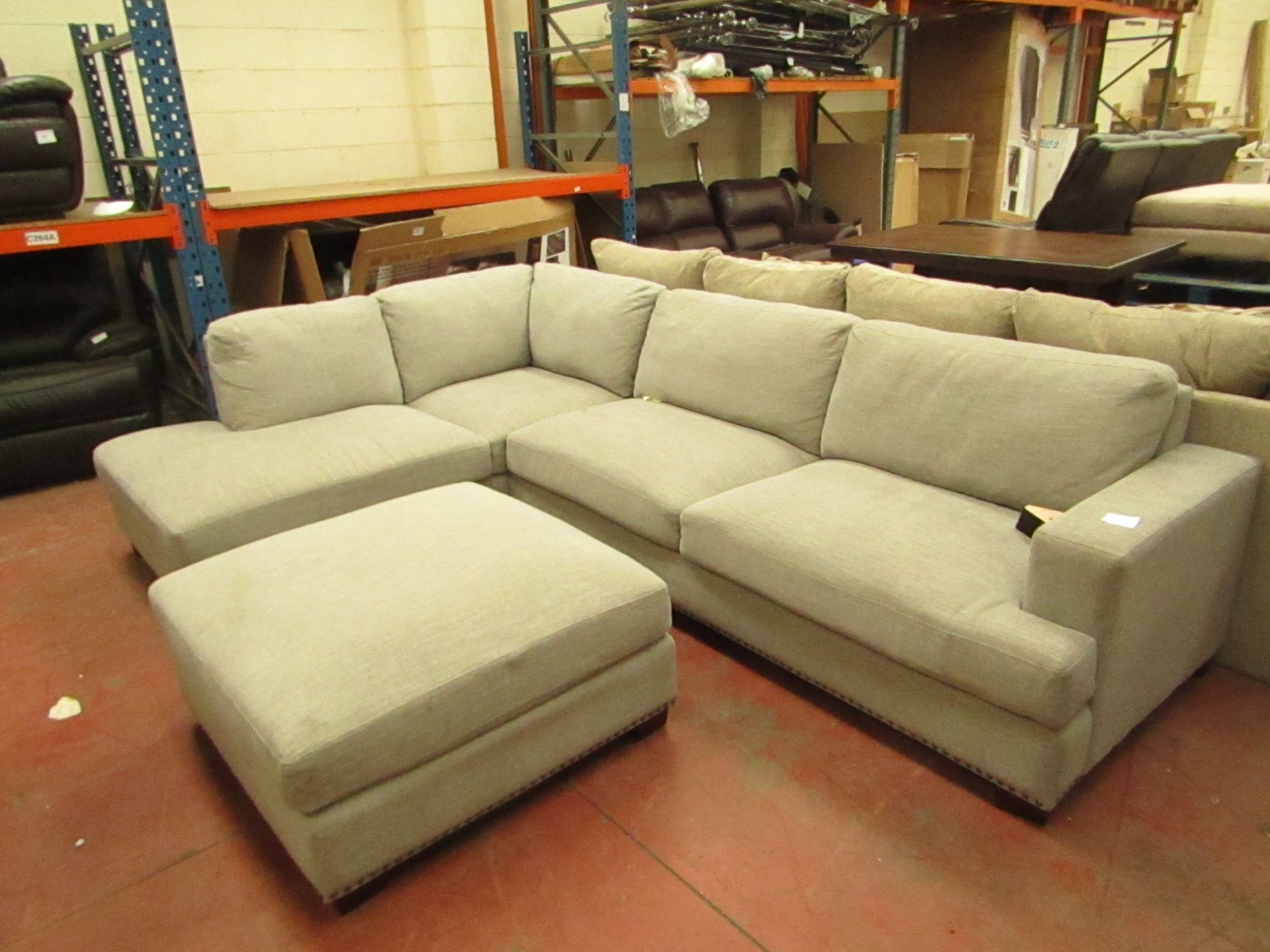 Grey L shaped Sofa with Stud detal and Foot stool