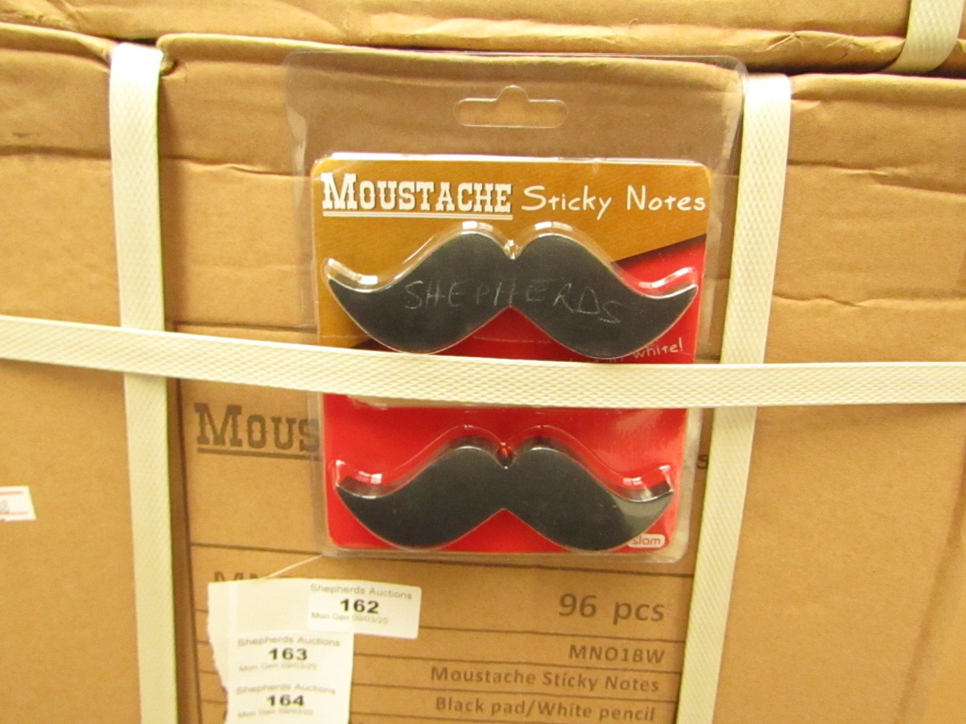 96x Moustache sticky notes, new and boxed.