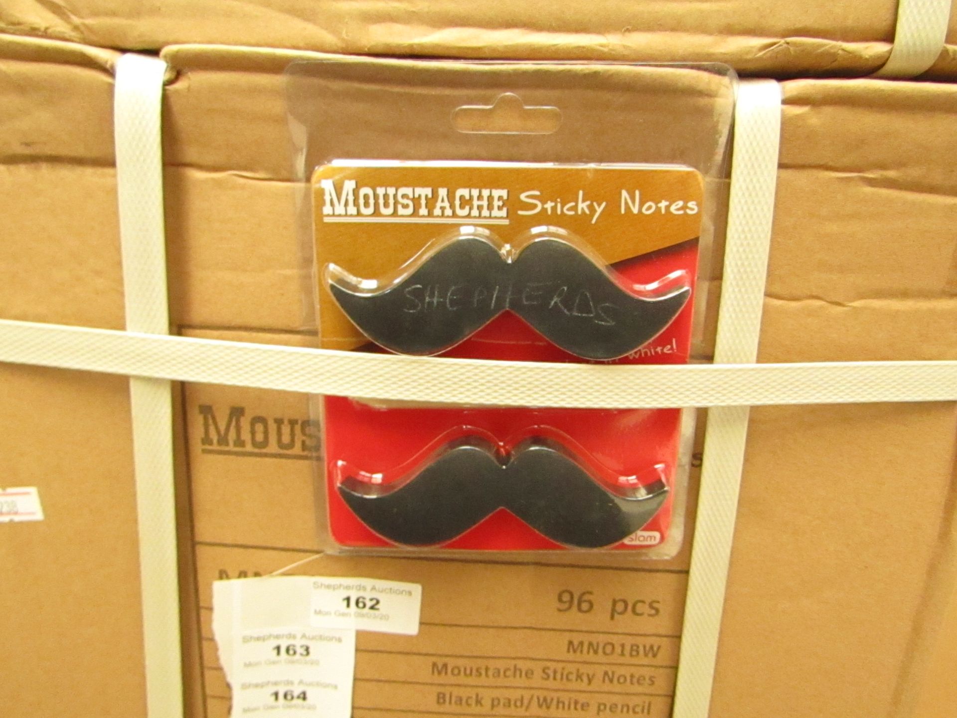 96x Moustache sticky notes, new and boxed.