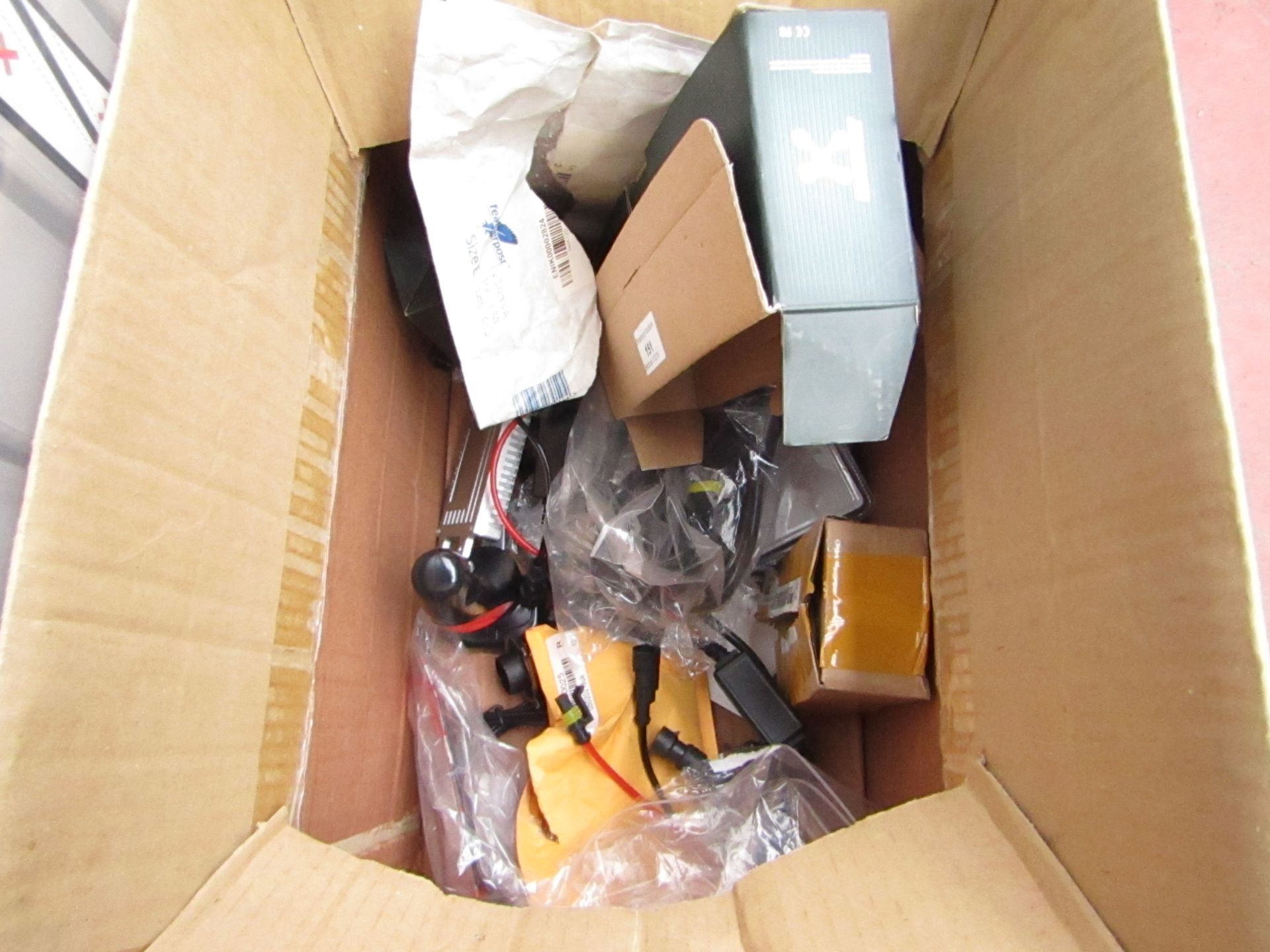 Box of Mixed car electricals such as wiring looms and Headlight kits.