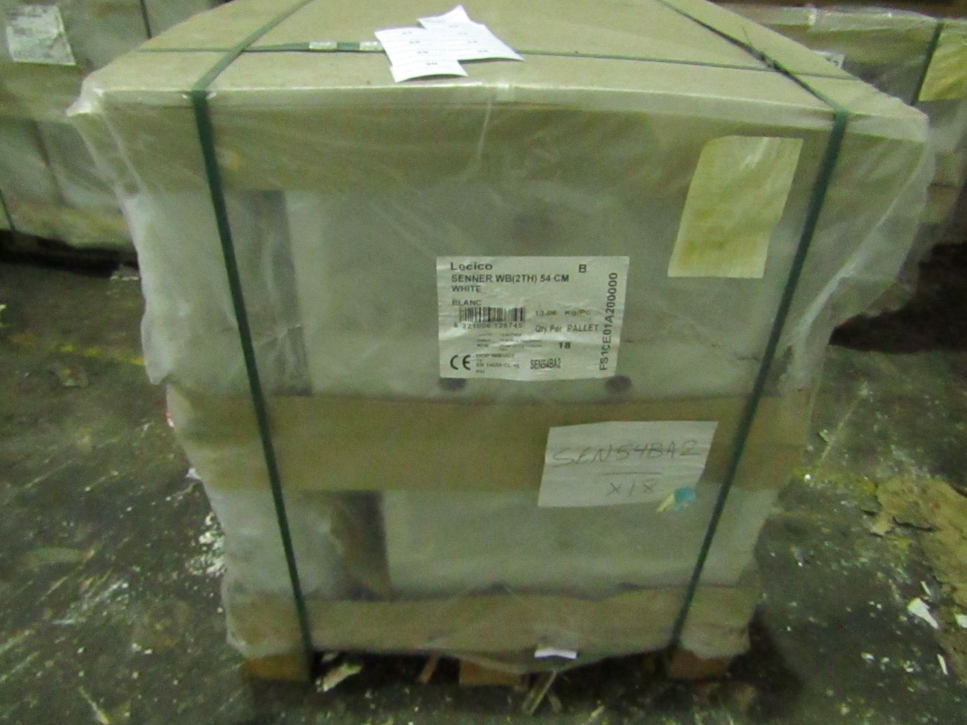 Pallet of approx 18, Lecico 2 tap hole 54cm basins, new