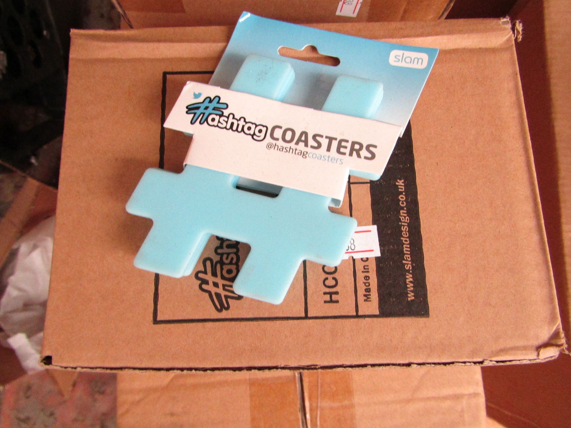 12 x Sets of 4 Hashtag Novelty Coasters, new and packaged