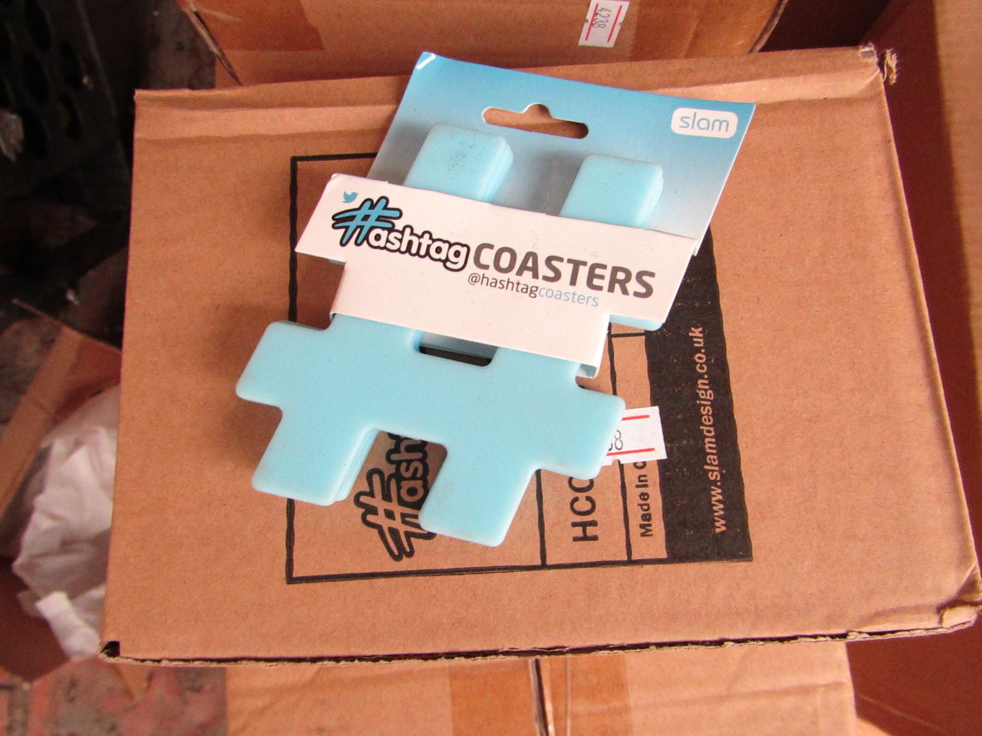 12 x Sets of 4 Hashtag Novelty Coasters, new and packaged