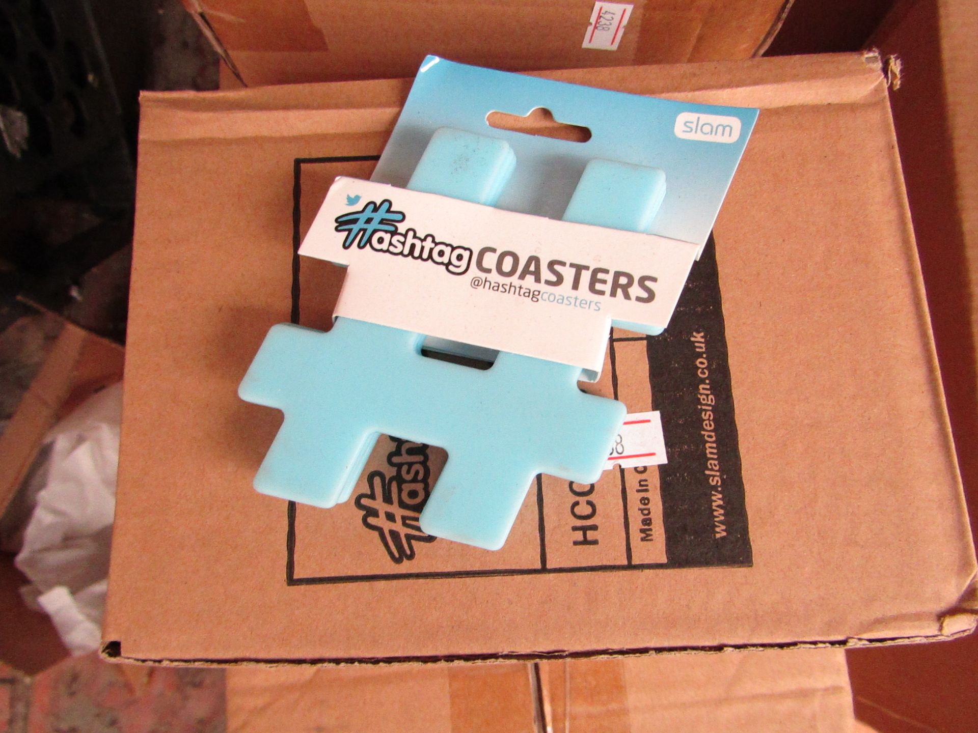 12 x Sets of 4 Hashtag Novelty Coasters, new and packaged