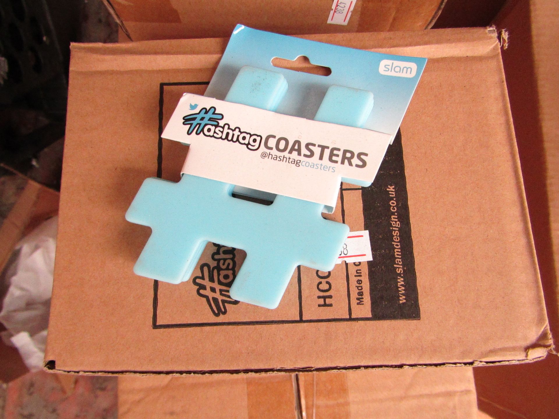 12 x Sets of 4 Hashtag Novelty Coasters, new and packaged