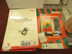 3 items being 2 x boxes Xerox A4 Transparency Film approx 75 sheets & 1 x A4 Xerox Inkjet