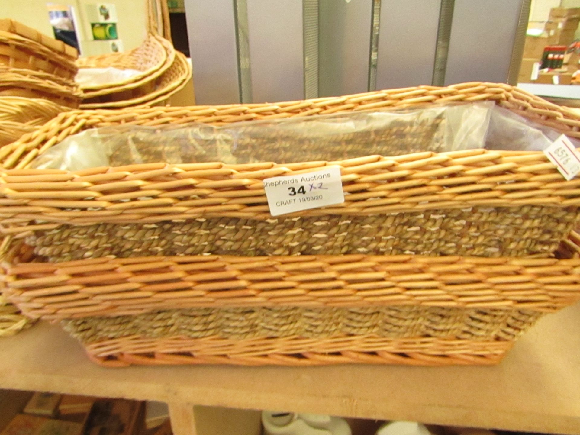 2 x Wicker & Rope Lined Troughs 35cm x 17cm x 10cm new