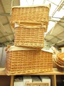 1 x Set of 3 Large Wicker Baskets with Canvas Linings 60cm x 27cm x 36cm, 55cm x 33cm x 25 cm & 50cm