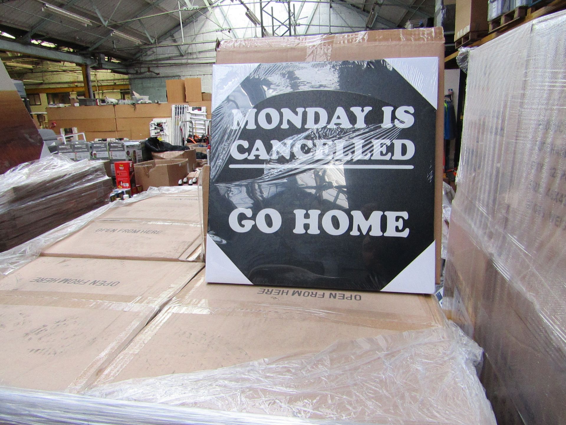 Pallet of approx 120 Mondays Cancelled novelty canvas prints, new