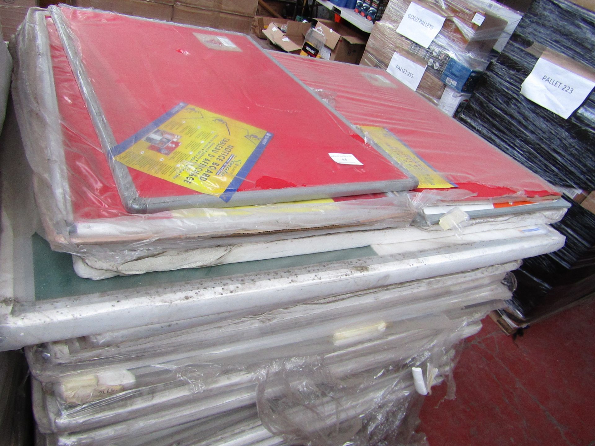 Pallet of approx 40 Various Sized Felt and White boards, all unused