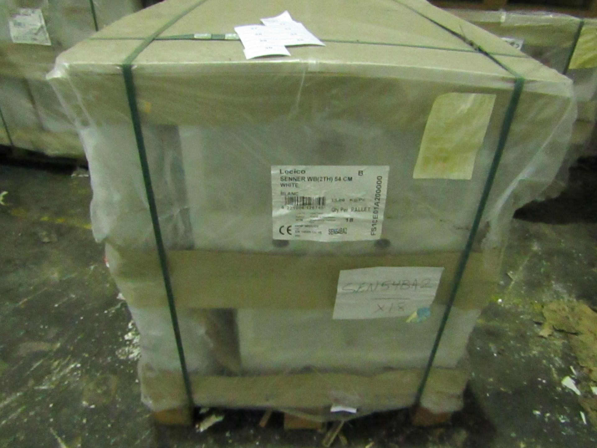 Pallet of approx 18, Lecico 2 tap hole 54cm basins, new