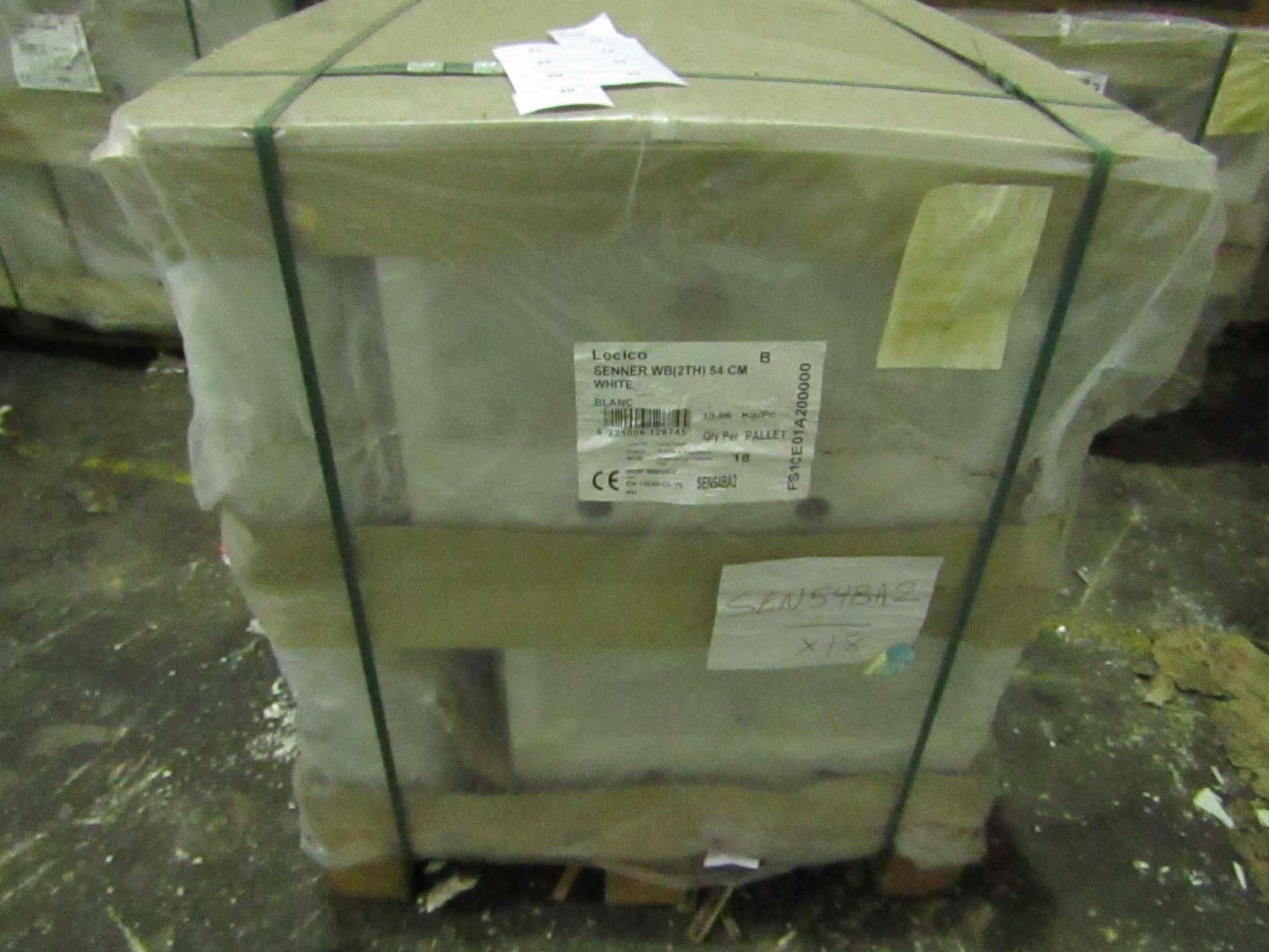 Pallet of approx 18, Lecico 2 tap hole 54cm basins, new