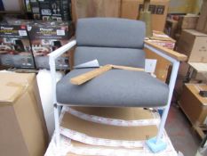 | 1x | SWOON CHAIR GREY FABRIC WITH WHITE METAL FRAME (1 PIECE OF WOOD ON ARM REST REQUIRES REPAIR)