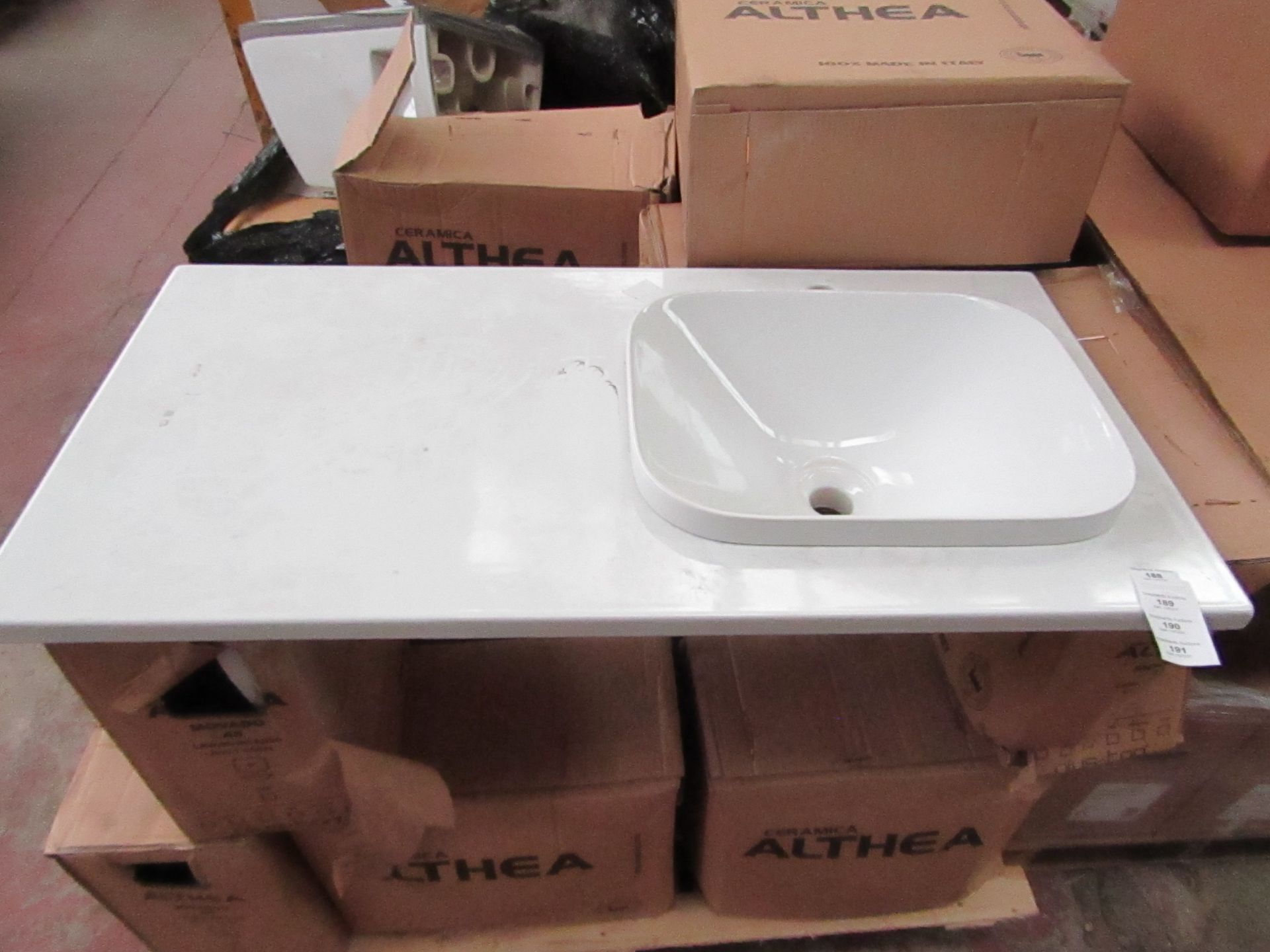 Althea Ceramica Movado ceramic shelf set includes a Movando 45 in set sink and a 1000 x 500mm