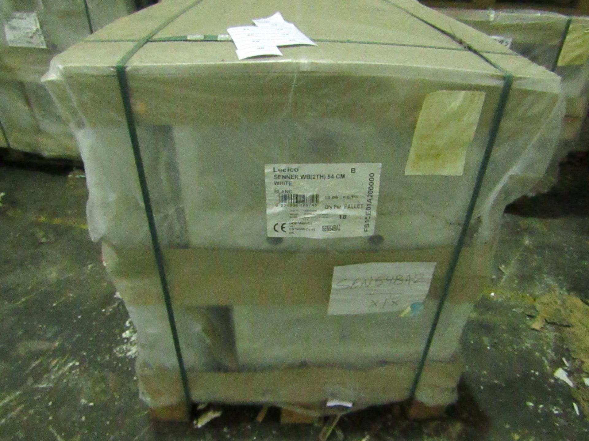 Pallet of approx 18, Lecico 2 tap hole 54cm basins, new