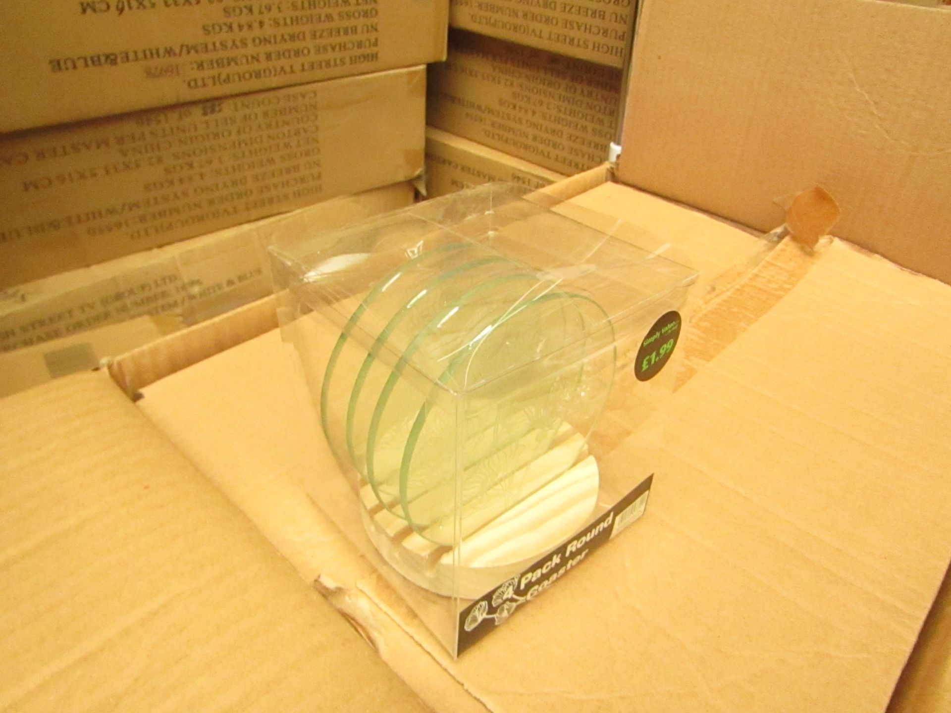 6x Packs of 4 glass round coasters, new and packaged.