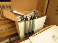 Box of 50x black ink ball point pens, new and boxed. See picture for design