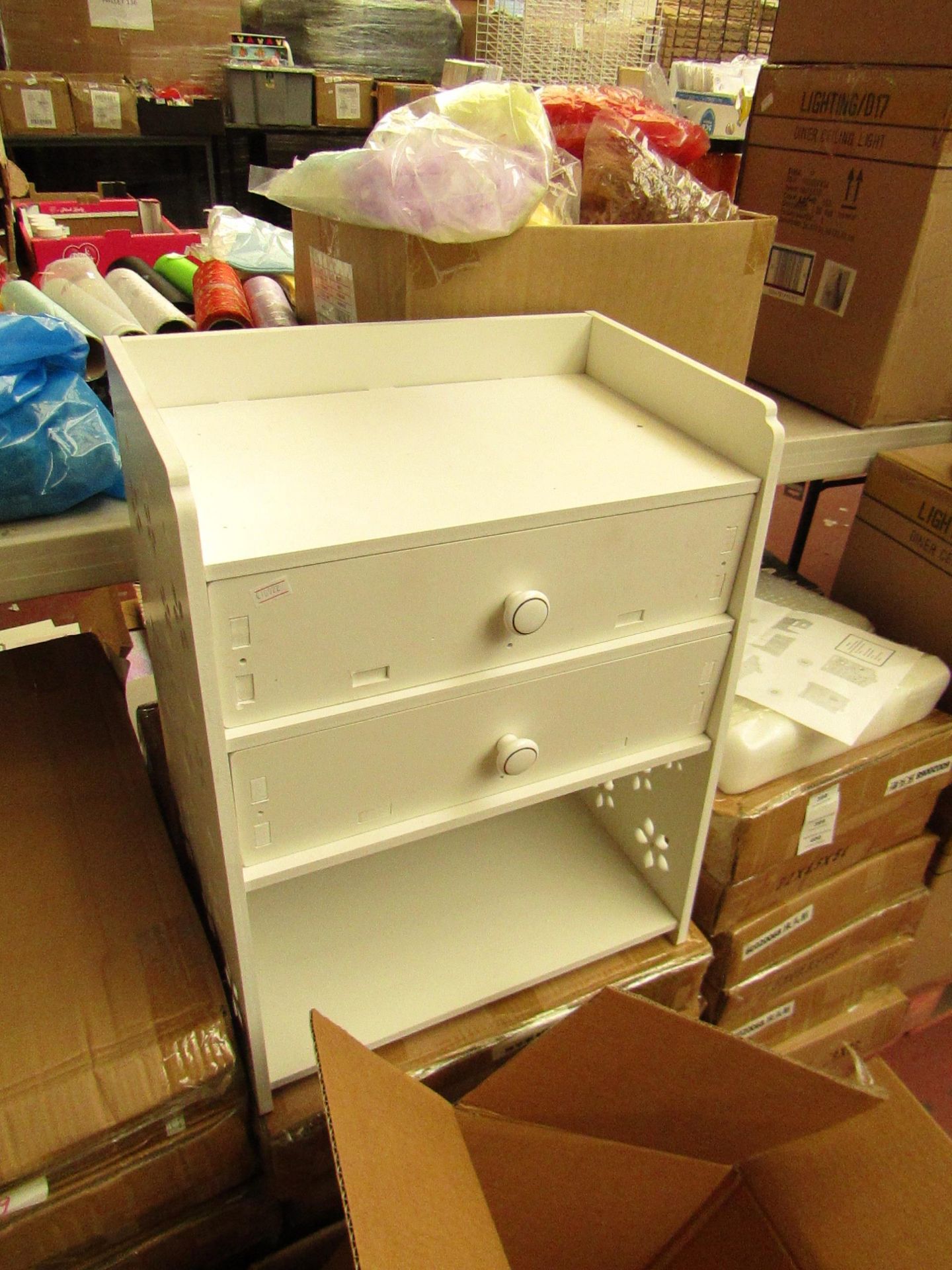 2 Drawer bedside rack with shelf, new and boxed.