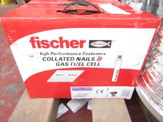 A Box that contains 2200 Fischer collated nails and 2x gas fuel cells, new and boxed.