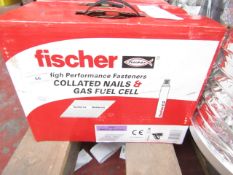 A Box that contains 2200 Fischer collated nails and 2x gas fuel cells, new and boxed.