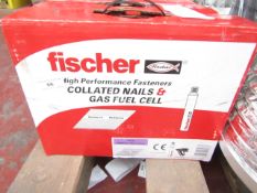 A Box that contains 2200 Fischer collated nails and 2x gas fuel cells, new and boxed.