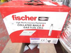 A Box that contains 2200 Fischer collated nails and 2x gas fuel cells, new and boxed.