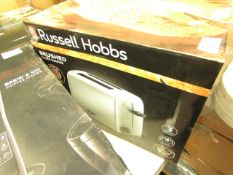 Russell Hobbs brushed 2 slice toaster, unchecked and boxed.