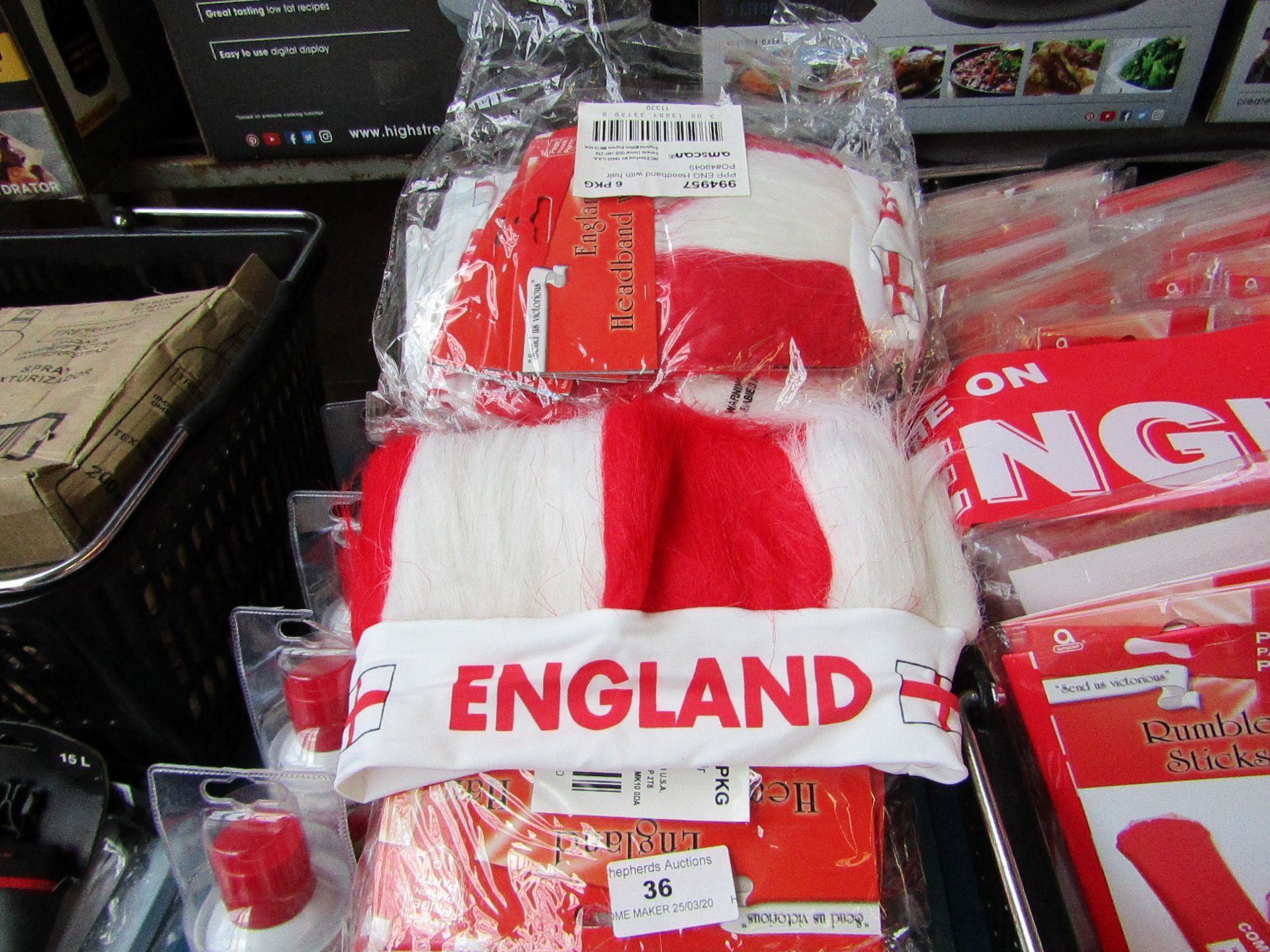 Approx 25x Packs of 6 England Head-Bands With Hair - All Packaged. & 4x Large England Hats -