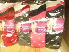 12 X Pairs of Ladies Design Socks size 4-7 new in packaging (see image for design)