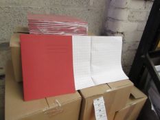 100x Red coloured exercise books, new and boxed.