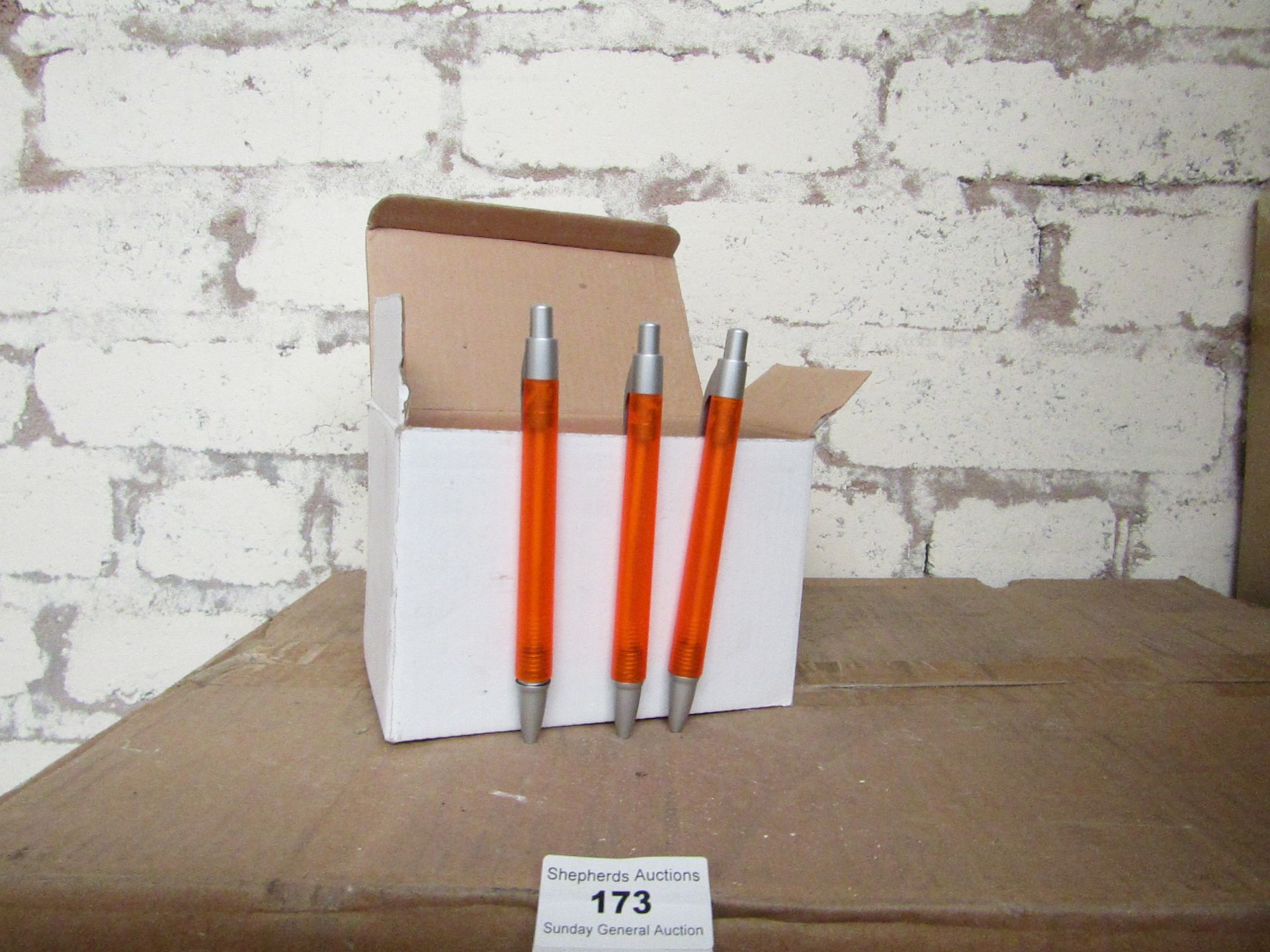 Box of 50x black ink ball point pens, new and boxed. See picture for design