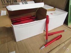 Box of 50x black ink ball point pens, new and boxed. See picture for design