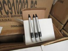 Box of 50x black ink ball point pens, new and boxed. See picture for design