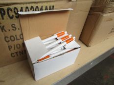 Box of 50x black ink ball point pens, new and boxed. See picture for design