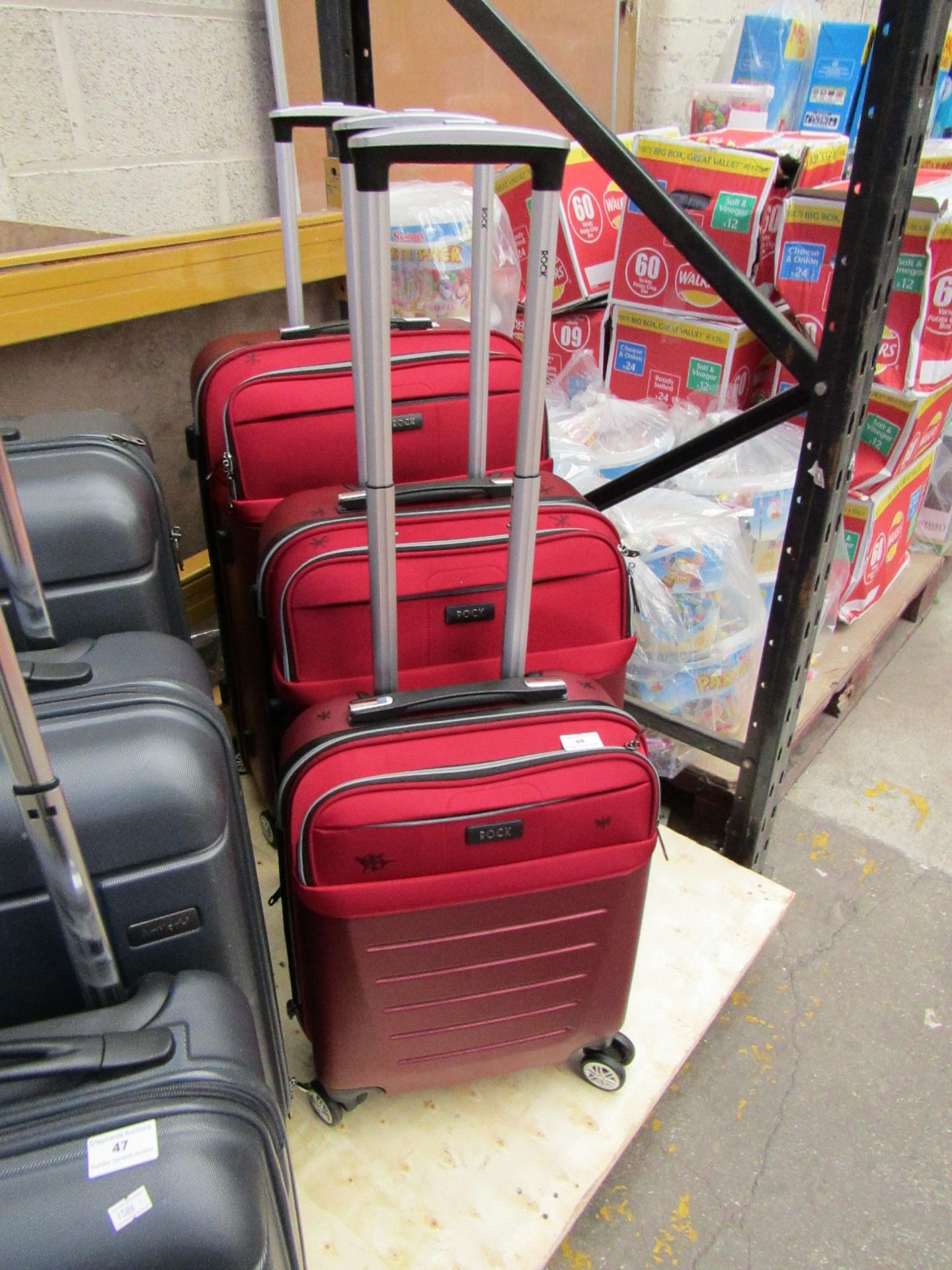 Set of 3x Rock suitcases, has marker pen on it and handle on large suitcase needs attention.