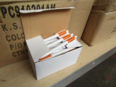 Box of 50x black ink ball point pens, new and boxed. See picture for design