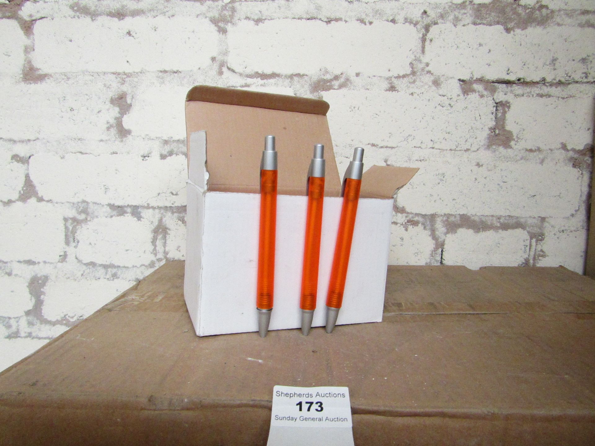 Box of 50x black ink ball point pens, new and boxed. See picture for design