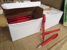 Box of 50x black ink ball point pens, new and boxed. See picture for design