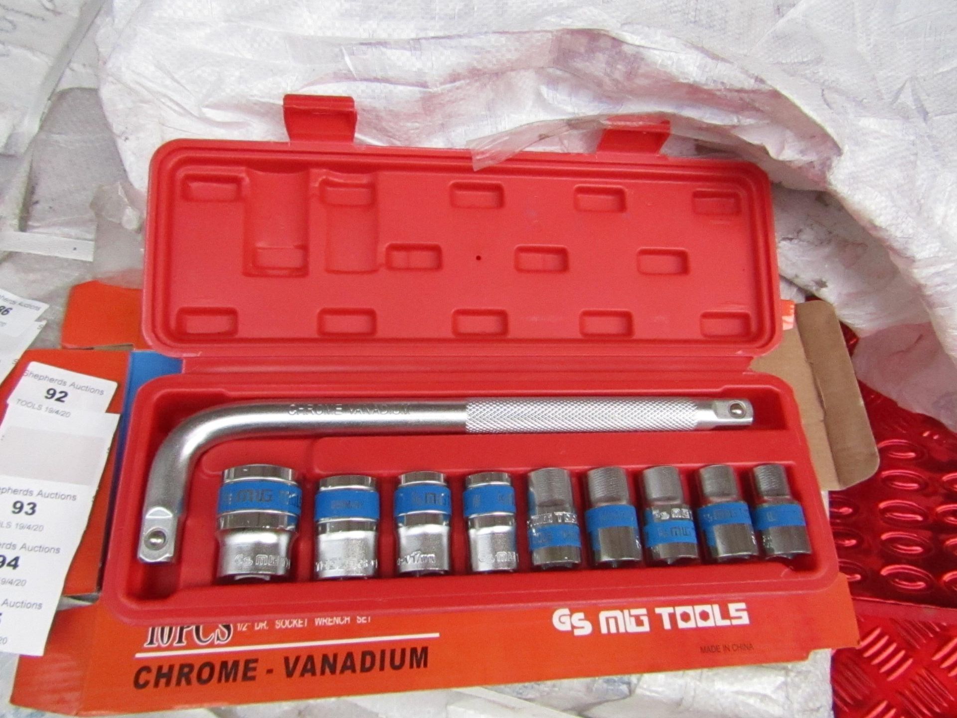 10 Piece MLG Tools socket set with L type handle, new and boxed