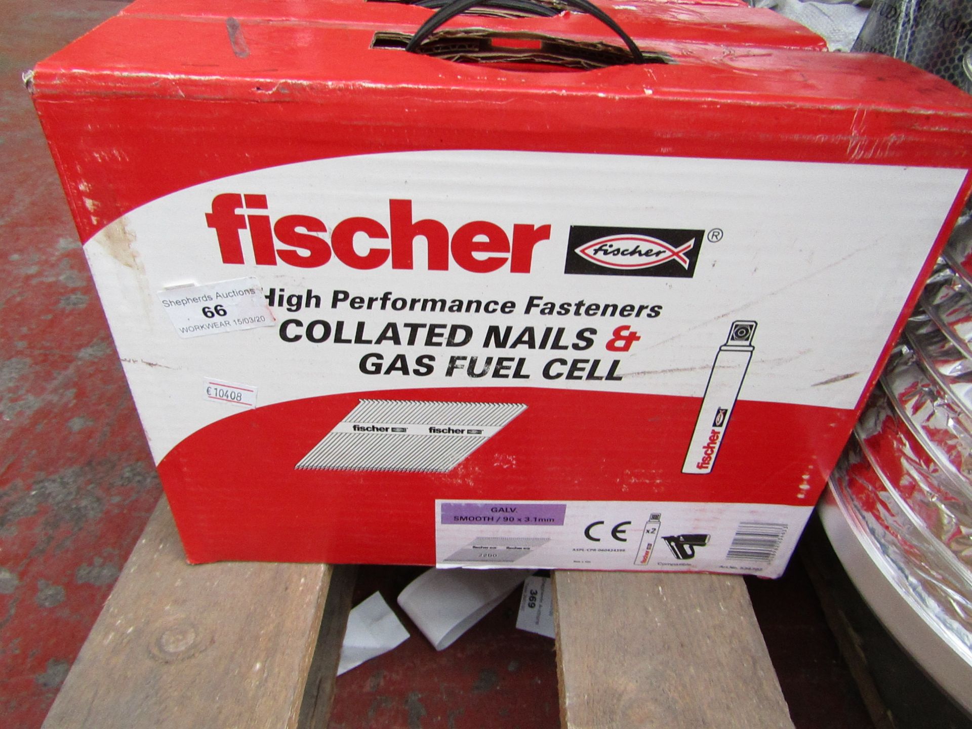 A Box that contains 2200 Fischer collated nails and 2x gas fuel cells, new and boxed.