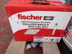 A Box that contains 2200 Fischer collated nails and 2x gas fuel cells, new and boxed.