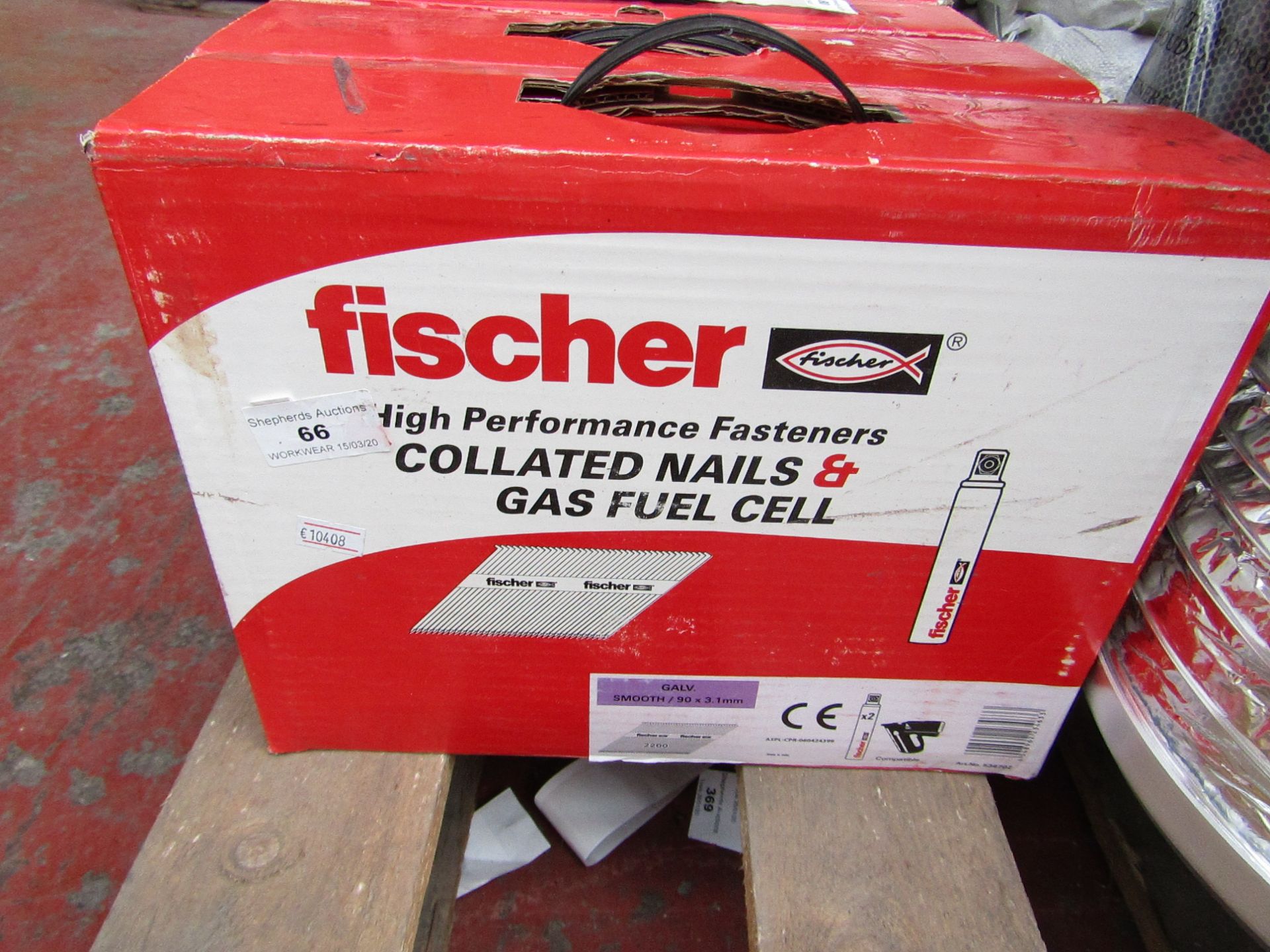 A Box that contains 2200 Fischer collated nails and 2x gas fuel cells, new and boxed.