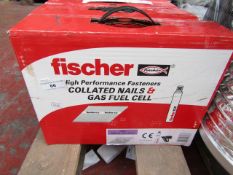 A Box that contains 2200 Fischer collated nails and 2x gas fuel cells, new and boxed.