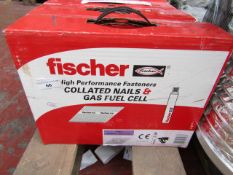 A Box that contains 2200 Fischer collated nails and 2x gas fuel cells, new and boxed.