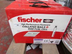 A Box that contains 2200 Fischer collated nails and 2x gas fuel cells, new and boxed.