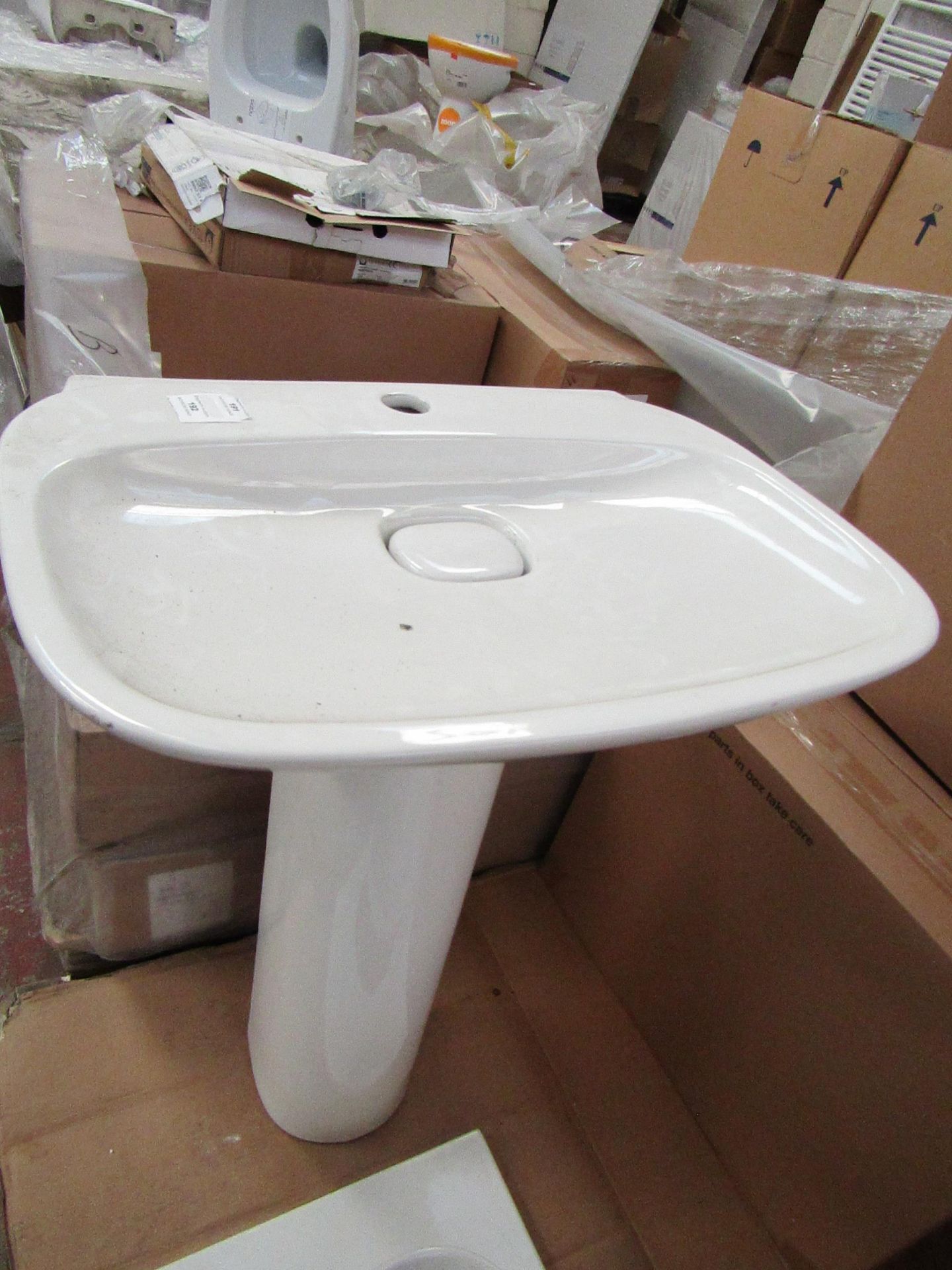 Laufen 600mm 1TH basin with ceramic cover and universal full pedestal, new and boxed.