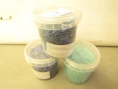 2 x Tubs of Blue 6mm Bugle Head Glass Beads & 1 x Tub Light Blue Flower Shaped Beads new (see