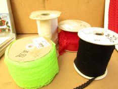 5x Rolls of lace edging, each with various amounts on the rolls, new.